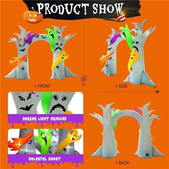 14FT Length X 10FT Tall Halloween Inflatable Tree Arch with 4 Colorful Ghosts, - Picture 3 of 7